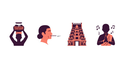 Thaipusam festival icons: devotion, pilgrimage, temple, and prayer