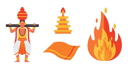 Hindu traditions: Kavadi dancer, temple lamp, cloth, and fire