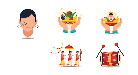 Fototapeta premium Indian festival icons: Devotion, procession, offerings, and music