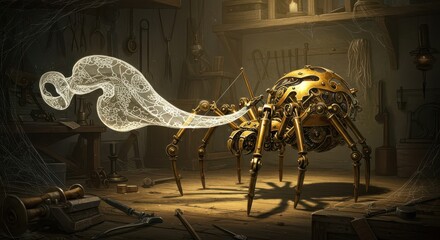 Intricate mechanical spider constructed from brass and metal components sits within a workshop, emitting an ethereal, translucent shape.