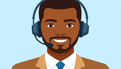 Fototapeta premium Smiling man in a beige suit with headphones. A customer service representative