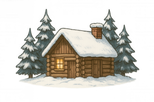 Cozy log cabin illustration under winter snow, creating a warm, festive, and rustic atmosphere with pine trees
