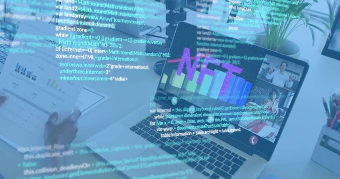 With code overlay fading in, developer typing on laptop while team discussing NFT technology chart