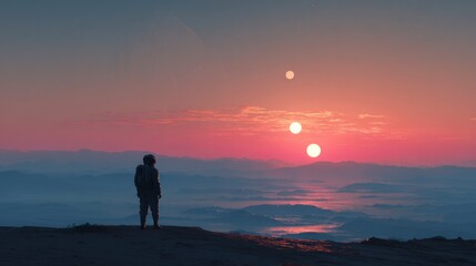 Person contemplating sunset landscape