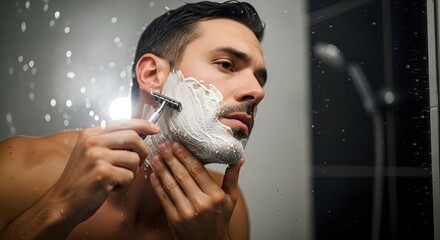 Man with shaving cream shaving in the shower Water on the mirror bright light Morning routine personal care skincare Bathroom setting