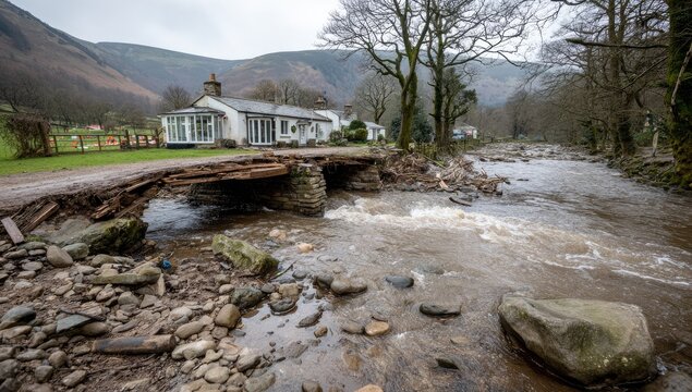 Damaged bridge over a rushing river