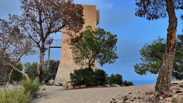 An elegant tower surrounded by lush trees and a vibrant blue sky, ideal for nature lovers and beauty admirers