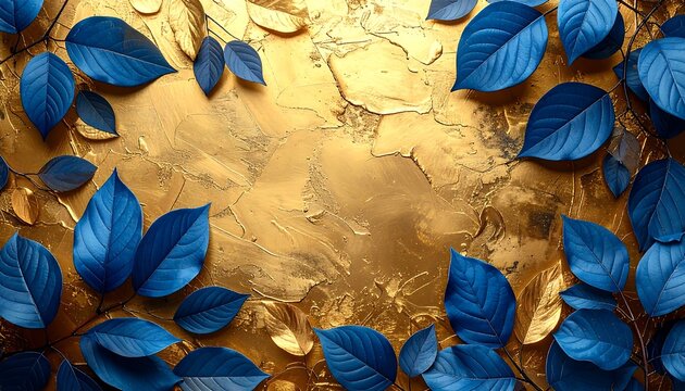 Elegant composition showing vibrant blue leaves arranged around a textured golden backdrop, creating a stunning contrast