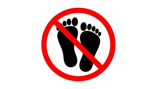Red circle with a no-entry symbol, two black footprints inside