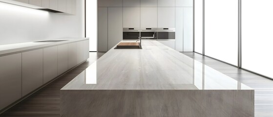Luxurious Modern Kitchen with Marble Kitchen Island, Integrated Appliances, and Panoramic Windows