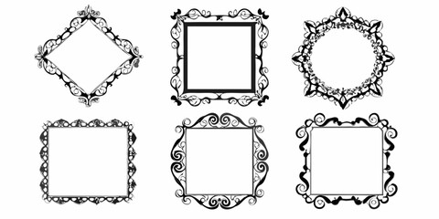Collection of six ornate black decorative frames and borders on white background
