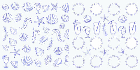 Collection of hand drawn blue watercolor sea elements including seashells starfish seahorses drinks and decorative frames