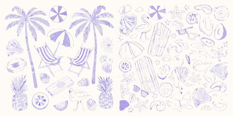 Whimsical summer beach vacation elements illustration with palm trees deck chairs and tropical icons