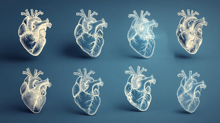 Anatomical heart illustrations arranged in a grid on a blue background.