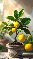 Lemon bonsai in terracotta pot