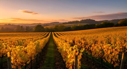 Fototapeta premium Golden Hour Vineyard: Autumnal Sunset Illuminates Rows of Grapev
