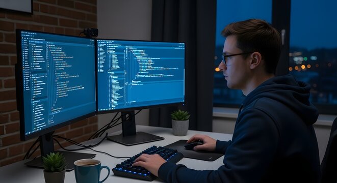 Developer coding at night with dual monitors keyboard and mouse A focused professional in a modern workspace