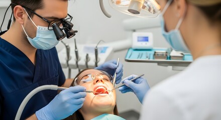 Dental exam : a masked dentist and assistant work on a female patient in a modern clinic with safety glasses and advanced equipment