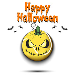 Happy Halloween. Template tennis design. Tennis ball in the form of a pumpkin on an isolated background. Pattern for banner, poster, greeting card, flyer, party invitation. Vector illustration