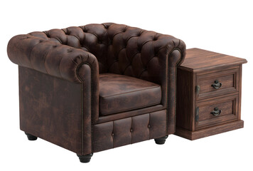 Luxurious brown leather armchair with button tufting and a matching wooden side table, presented on a stark black backdrop, creating a sense of timeless elegance and comfort within a sophisticated...