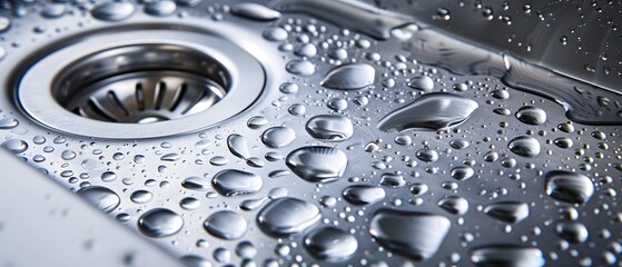 High-Detail Macro Shot of Water Droplets Beading on a Clean Stainless Steel Kitchen Sink Drain
