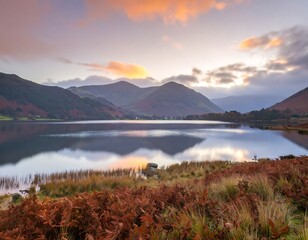 Peaceful autumn lake sunrise