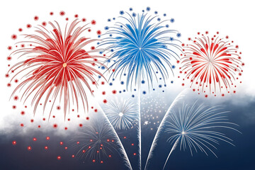 A vibrant display of red blue and white fireworks against a gradient sky background illustration