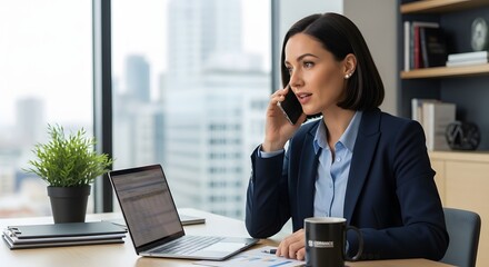 Businesswoman engaged in a phone conversation while reviewing data on her laptop set in a modern office environment with a cityscape backdrop