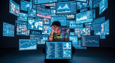 Overwhelmed by data : A person surrounded by glowing screens displaying complex charts graphs and code feeling stressed and overworked
