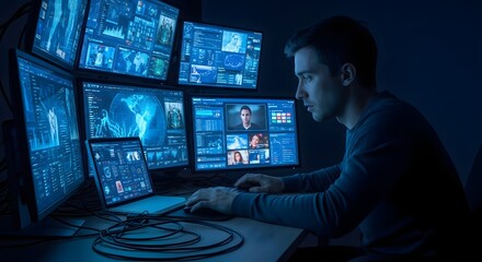 Data analyst working with multiple screens displaying complex information focused on monitoring and analyzing data for insights and patterns