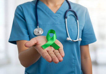 Medical professional holding a green ribbon symbolizing support for various health causes, raising awareness and offering hope for individuals impacted by illness.