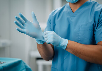 Preparation for surgery: A surgeon putting on sterile gloves in a hospital environment demonstrates readiness and adherence to safety protocols for medical procedures