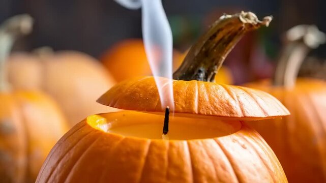 Lit candle inside carved pumpkin surrounded by other pumpkins