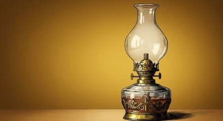 Antique oil lamp with glass chimney and brass accents rests on a wooden surface against a gold background, showcasing warm tones and a vintage feel.