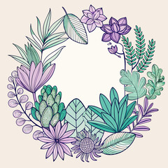 A series of delicate, hand-drawn frames and badges made from specific botanicals (e.g., Eucalyptus & Lavender, Tropical Monstera, Desert Succulents). The line art is clean, detailed, and can include a