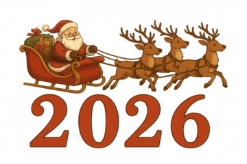 Santa claus driving his sleigh pulled by three reindeer, carrying christmas gifts, celebrating the 2026 holiday season