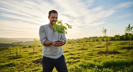 Man holding a young tree sapling in a reforestation field Smiling and looking to the plant Nature preservation and carbon capture