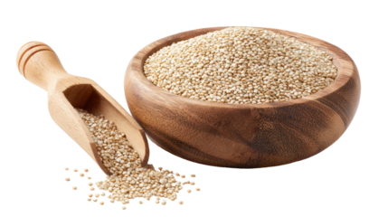 Wooden bowl and scoop filled with quinoa seeds isolated on transparent background