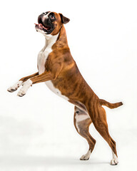 A brindle boxer dog standing on its hind legs with its mouth open and tongue sticking out on white backdrop