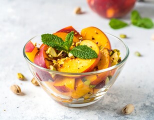 Peach and pistachio salad in a bowl