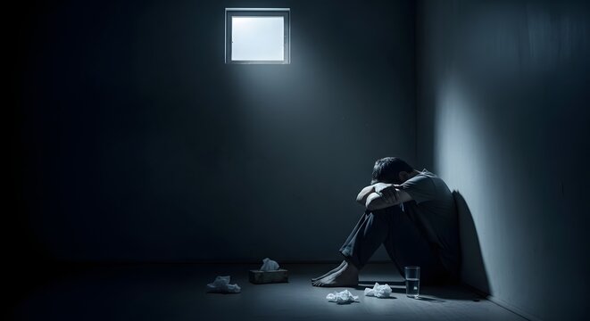 A person sits despondently in a dark room under a small window hugging their knees conveying feelings of sorrow and isolation