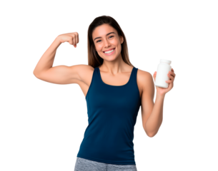 Female holding supplement bottle and flexing arm on transparent background