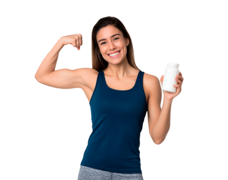 Female holding supplement bottle and flexing arm on transparent background