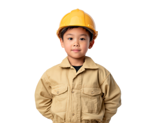 Boy in construction gear with yellow hard hat and beige jacket on transparent background