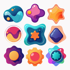 A collection of modern, amorphous badges and frames created from fluid, watercolor-like shapes with vibrant color blends and subtle transparency effects. These are non-geometric and feel organic and a