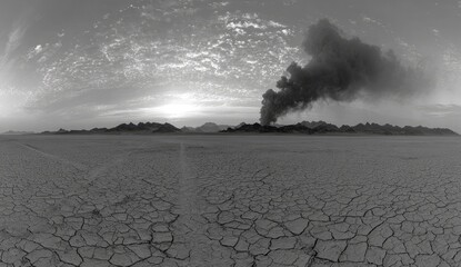 Gray, cracked earth, smoky horizon