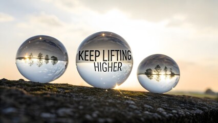 Three Transparent Spheres Reflecting Sky and Inspirational Message