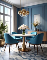 Stylish blue and gold dining room