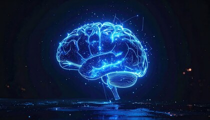 Digital Brain Neural Network on Dark Background with Glowing Blue Nodes and Connections Artificial Intelligence Concept