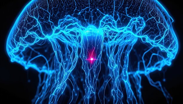 Stunning bioluminescent jellyfish pulsating in the deep ocean with glowing tendrils creating a vibrant underwater spectacle for marine life enthusiasts